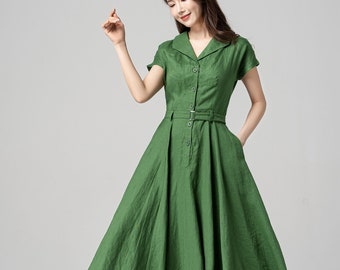 Linen dress, Swing Shirt Dress, 1950s Green Midi Dress Women, Fit and Flare Dress, Short Sleeve Linen Dress, Xiaolizi, Custom Dress 4195#
