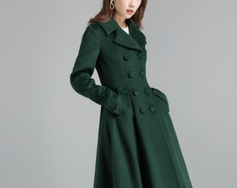 Vintage inspired wool green coat, Long wool coat, Winter coat women, Wool coat women, Double breasted wool coat, Custom coat, Xiaolizi 2398#