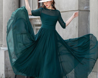 Green Chiffon Maxi dress, Fit and Flare Chiffon dress, Women dress, Summer dress, Swing dress, Prom dress, Party dress, Custom Dress 4410#