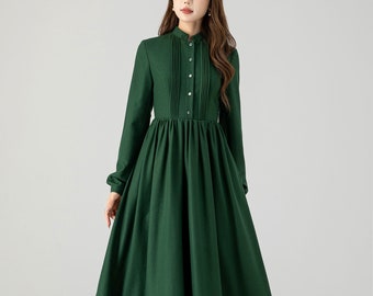 Wool dress, Long Wool Dress, Swing Wool Dress, Green Wool Dress, Autumn Winter Wool Dress, Womens Pleated Wool Dress, Custom Dress 4609