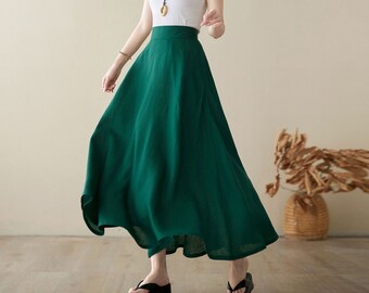 Long Linen Skirt, Green Linen Maxi Skirt with pockets, A Line Full Skirt, Women's Spring Summer Skirt, Minimalist skirt, Xiaolizi 4974