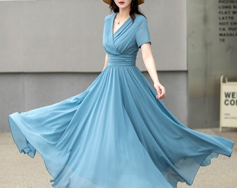 Blue Empire waist Chiffon Wedding dress, Bridesmaid dress, Summer women wedding guest dress, Prom dress, cocktail dress, Prom dress 4266#