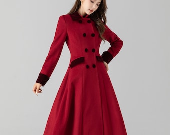 Wool coat, Long wool coat, Swing wool coat, Dark red midi coat, Vintage inspired wool coat, Womens winter coat, Custom coat, Xiaolizi 4671