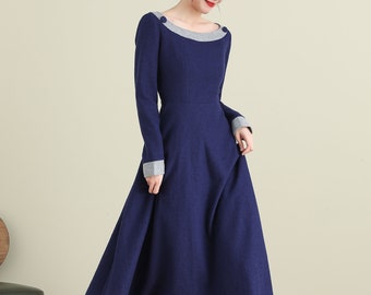 Wool Dress, Blue Wool Dress, Midi Dress, A-Line Dress, Autumn Winter Wool Dress, Women Dress, Navy Blue Dress, Custom Dress, Xiaolizi 3892