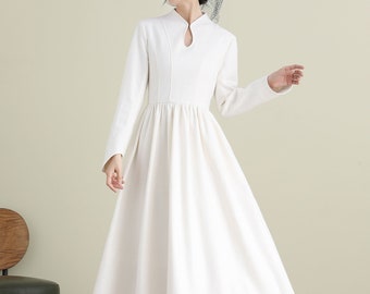 White Wool Dress, Wool Midi Dress, A-Line Wool Dress, Wedding Guest Dress, Mandarin Collar Wool Dress, Handmade Dress, Xiaolizi 3902#