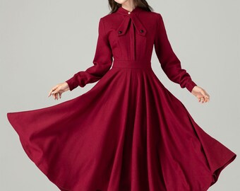 Burgundy Wool Dress, Vintage Inspired Wool Dress, Long Sleeves Swing Dress, Classic Fit And Flare Dress, Spring Autumn Dress, Xiaolizi 4490