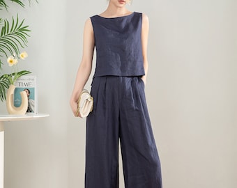 Two Piece Set Linen, Blue linen top and wide leg linen pants, sleeveless crop top, high waisted linen pants, linen outfit, xiaolizi 4199