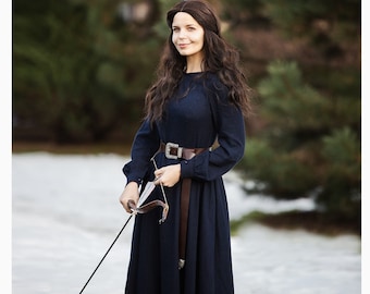 Vestido gótico, vestido largo de lino azul marino, vestido de lino de primavera para mujer, vestido medieval, vestido largo de lino modesto, vestido de lino de manga larga 3052#