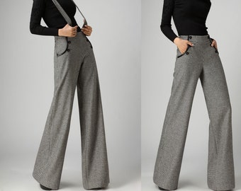 Gray Plaid Suspender Wool Pants Women, Autumn Winter Straight-leg Pants, Vintage Inspired Long Pants 3908#