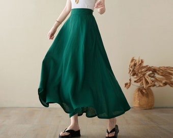 Long Linen Skirt, Green Linen Maxi Skirt with pockets, A Line Full Skirt, Women's Spring Summer Skirt, Minimalist skirt, Xiaolizi 4974