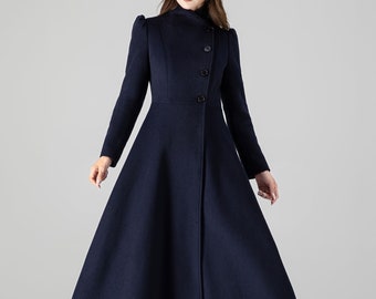 Warm Winter Wool Coat, Blue  Long Wool Coat, Wool Coat Women, Retro Wool Swing Coat, Midi Wool Coat, Handmade Wool Coat, Xiaolizi 4506#