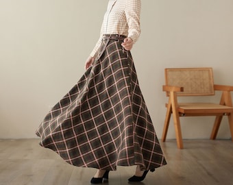 A line long wool plaid skirt women 4620 A line long wool plaid skirt women 4620