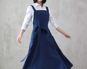 Linen Pinafore Dress, Linen dress, Linen Midi Dress, Blue Pinafore Dress, Women Linen Dress, A-Line Linen Pinafore, Xiaolizi 3844#