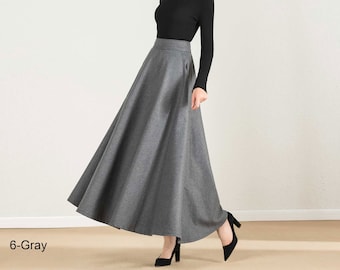 Long Maxi wool skirt, Vintage 1950s Elastic waist Wool skirt, winter skirt for women, A line wool skirt with pockets, High waist skirt 2437