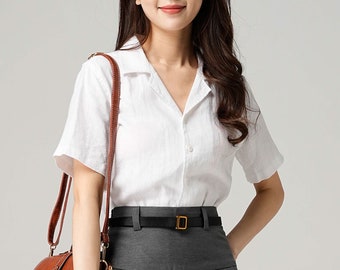 Chemise en lin blanche, hauts en lin pour femme, chemise boutonnée en lin, chemise en lin pour femme, chemisiers décontractés pour femmes, chemisier en lin, Xiaolizi 4148 #