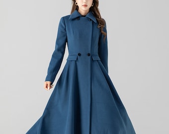 Wool coat, Blue midi wool coat, Long wool coat, Swing wool coat, Vintage inspired wool coat, Womens winter coat, Custom coat, Xiaolizi 4667