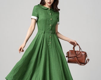 Green Linen Dress, Linen Midi Shirt Dress, Fit and flare dress, Swing Long Linen Dress, Womens Summer Spring Linen Dress, Xiaolizi 4192