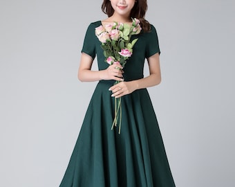 Women's Linen swing Dress with the pockets, 50s green fitted midi dress, Summer party fit and flare dress, Retro short sleeve dress 1900#