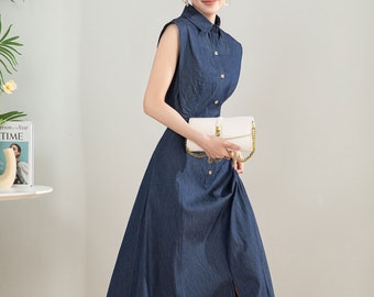 Retro Womens Long Denim Dress, Sleeveless Shirt Dress, A line Dress with Pockets, Minimalist Fashion Dress, Custom Dress, Xiaolizi 4198#