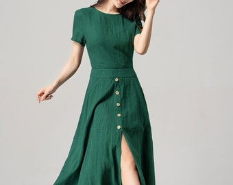 Green Linen dress, Linen Midi Dress, Midi Linen dress,  A-Line Dress with Pockets, Summer Linen Dress, Womens Linen Dress, Xiaolizi 4191#