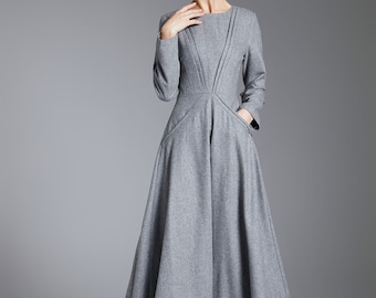 Wool Dress, Gray Wool Midi Dress, A-Line Wool Dress, Long Sleeve Dress, Women's Wool Dress With Pockets, Winter Dress, Custom Dress 3882