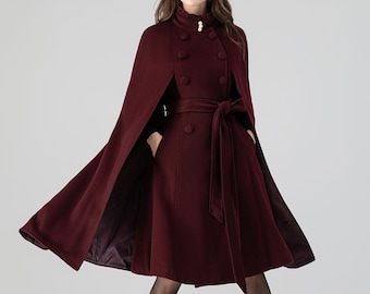 Burgundy Swing Cloak Coat, Winter Wool Cape Coat Women, Long Wool Cape with stand collar, Fall Cape Coat, Plus Size Wool cape, Xiaolizi 4518