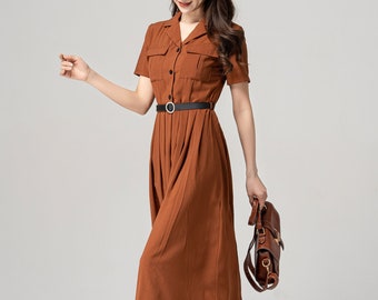 Military-inspired Dress, Midi Shirt Dress for Women, Beige