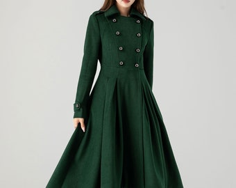 Wool coat, Long wool coat, Swing wool coat, Green midi wool coat, Vintage inspired wool coat, Womens winter coat, Custom coat, Xiaolizi 4604