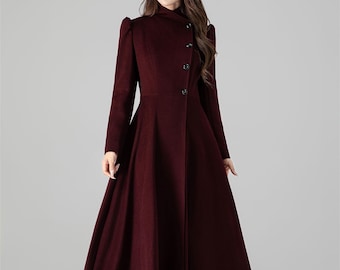 Vintage Inspired Wool Coat, Burgundy Long Wool Coat, Swing Princess Coat, Single Breasted Coat for Women, Custom Winter Coat, Xiaolizi 4511