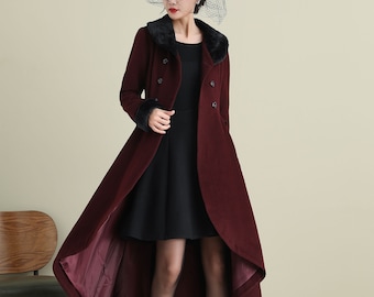 Wool Coat, Winter Coat, Double Breasted Wool Coat, Wine Red Wool Coat, Warm Coat, Long Wool Coat, Retro Wool Coat, Asymmetrical Coat 3895#