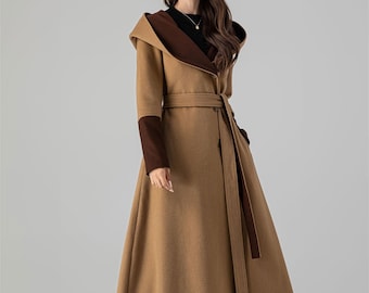 Hooded Long Wool Coat, Camel Wool Trench Coat with Hood, Warm Winter Wool Coat, Oversized Maxi Wrap Coat, Plus Size Coat, Xiaolizi 4505