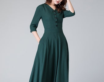 Shirtwaist dress, Button up Linen dress, short sleeve Linen midi dress with pocket, Green dress, summer linen dress, women linen dress 1906#