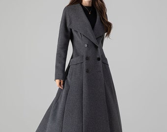 Grauer Vintage Inspirierter Maxi Wollmantel, Damen Wollmantel, Warme Winter Outwear, Zweireihiger Wollmantel, Wintermantel Frauen, Xiaolizi 4508