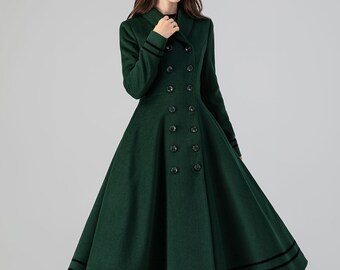 ダークグリーンのスイングウールコート、ヴィンテージ風プリンセス