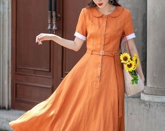 Orange Linen Dress, Linen Midi Shirt Dress, Fit and flare dress, Swing Long Linen Dress, Womens Summer Spring Linen Dress, Xiaolizi 4408