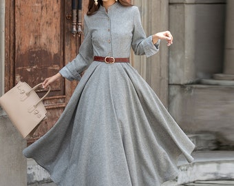 Long Sleeve Wool Dress, Wool shirt dress, Button-up Wool dress, Long Wool Dress, Women's Gray wool dress, Warm winter Dress, Xiaolizi 3857