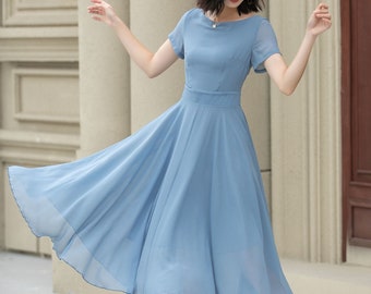 Blaues Midi-Chiffonkleid, Boho Swing Chiffonkleid, Brautjungfernkleid, schlichtes Strandhochzeitskleid, Sommerkleid für Frauen, Xiaolizi 5115