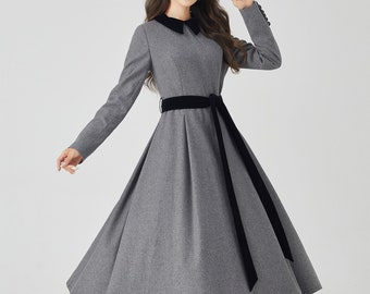 韓国人気【ORDINARY HOLIDAY】VINTAGE FLARE DRESS グレー Gray Swing Wool Dress, Patchwork Dress, Womens Wool Dress