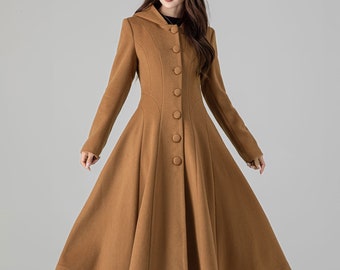 Brown Hooded Wool Coat Women, Warm wool Coat Women, Long Wool Coat, Long Sleeve Coat, Single Breasted Coat, Custom Coat, Xiaolizi 4509#