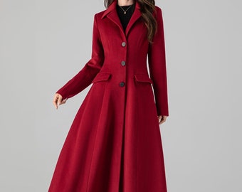 Red Long Winter Coat, Trench Coat, Maxi Wool Coat, Swing Wool Coat, Princess Wool Coat, Womens Coats, Custom Wool Coat, Xiaolizi 4512#