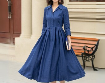 Midi linen Dress women, Blue Shirt Dress, Pleated dress, Swing dress, Collared neck Dress, Spring linen Dress, Custom Dress, Xiaolizi 4955