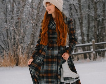 Wool Coat, Long Plaid Wool Coat, Wool Coat Women, A Line