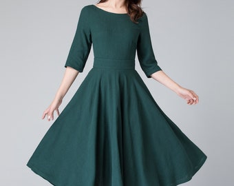 Modest Midi dress, Half Sleeve Linen Swing dress, Womens dress, fit and flare dress, House dress with pockets, Party dress 1903#