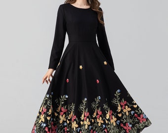 Midi wool dress, Black embroidered dress, Long sleeve wool dress, Fit and flare dress, Swing winter dress, Custom dress, Xiaolizi 4663#