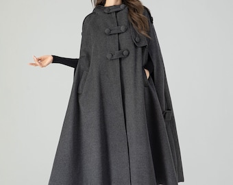 Dark Gray Wool Cape Coat for Women, Plus Size Wool Cape Coat, Autumn Winter Wool Coat, Swing Wool Cape coat, Long Wool Cape, Xiaolizi 4558