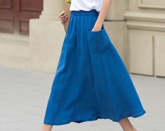 Linen skirt, Midi linen skirt, Blue linen skirt, A line skirt, Womens long linen skirt, Summer linen skirt, Custom skirt, Xiaolizi 4956