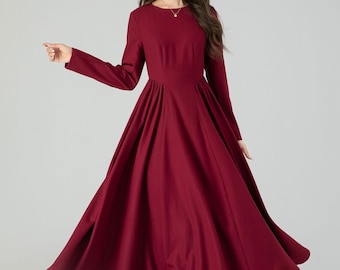 Langes Wollkleid, Swing Wollkleid, Burgunderrotes Wollkleid, Herbst-Winter-Wollkleid, Damenkleid, Fit und Flare-Kleid, benutzerdefiniertes Kleid 4545