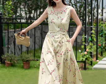 Floral Linen dress, Sleeveless Linen Dress, Linen Midi dress, Swing Linen Dress, Women's Summer A-Line Dress, Custom Dress, Xiaolizi 4297#