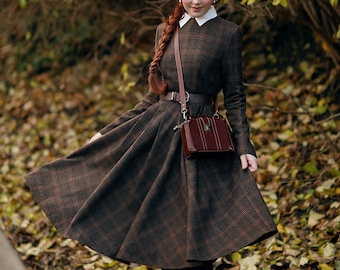 Plaid Wool Dress, Winter Wool Dress, Midi Wool Dress, Long