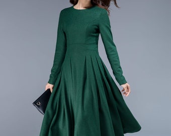 green dress, wool dress, midi dress, pleated dress, fit and flare dress, winter dress, elegant dress, womens dresses, plus size dress 1811#